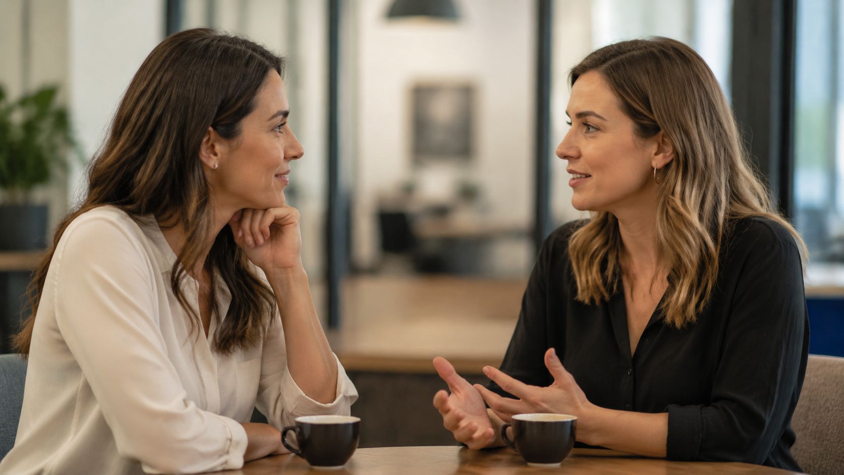 Two women having a friendly and focused conversation while sitting at a table with coffee mugs.