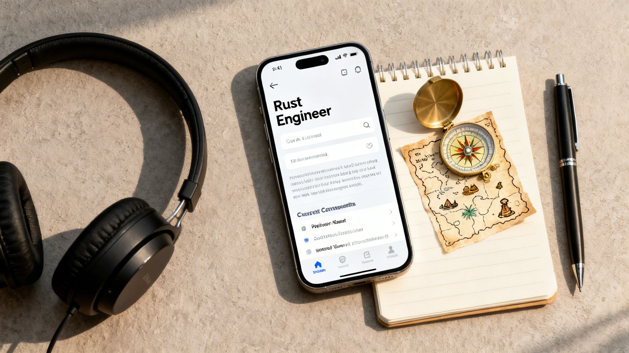 A flat lay of headphones, an iPhone showing a 'Rust Engineer' job search, a compass, and a treasure map.