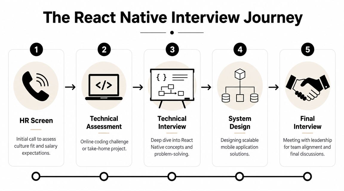 A flowchart showing the five stages of a professional React Native developer hiring process from initial interview to final hire.
