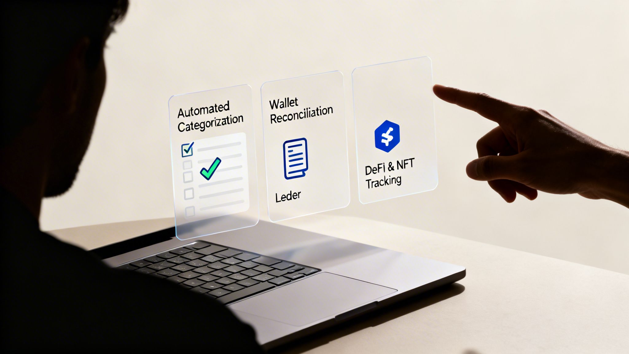 A person interacts with a laptop displaying automated categorization, wallet reconciliation, and DeFi/NFT tracking features.