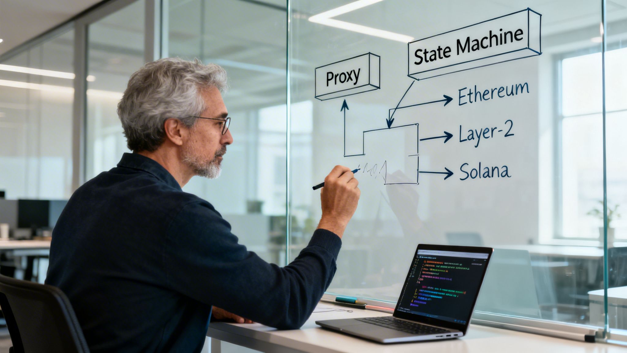 Mature man diagrams blockchain concepts like State Machine, Ethereum, Layer-2, and Solana on a glass whiteboard.