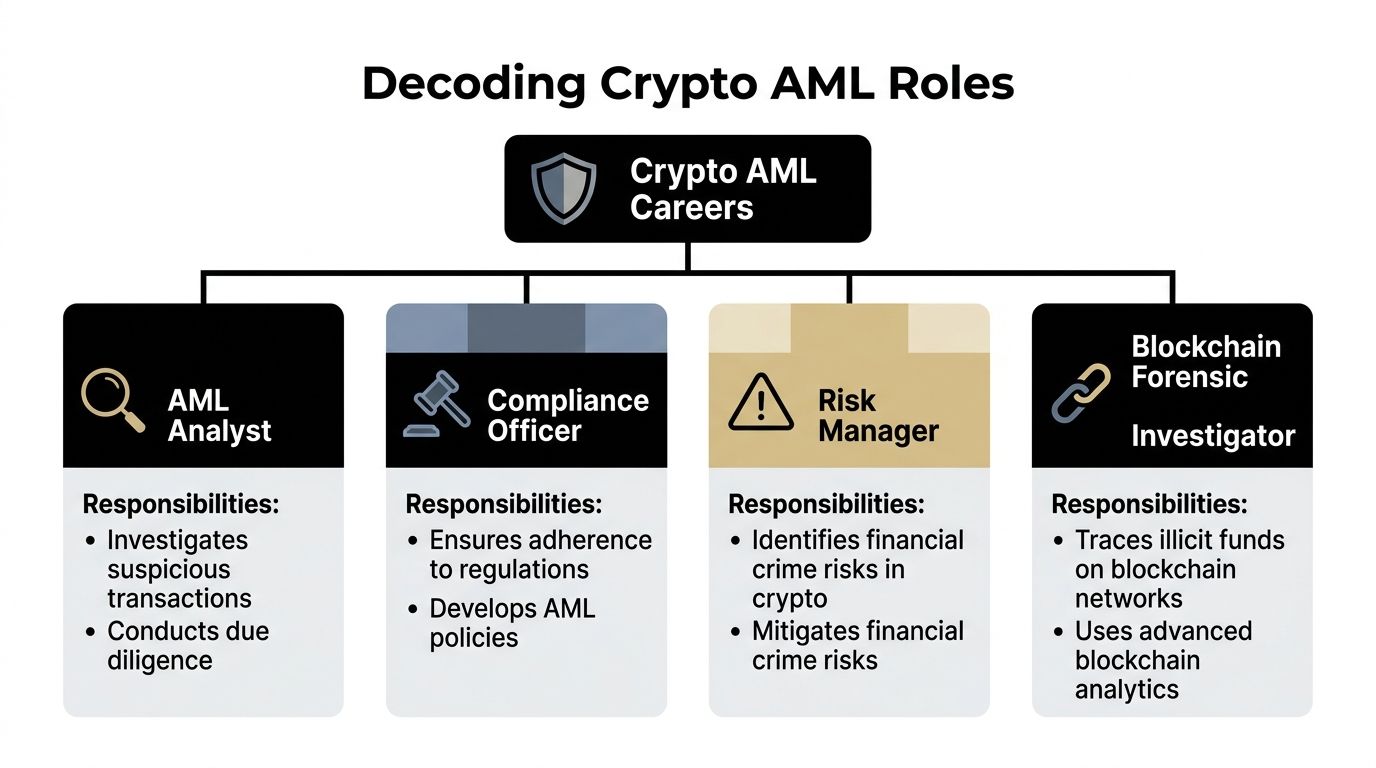 A diagram outlining key career roles in Crypto AML including Analyst, Compliance Officer, Risk Manager, and Investigator.