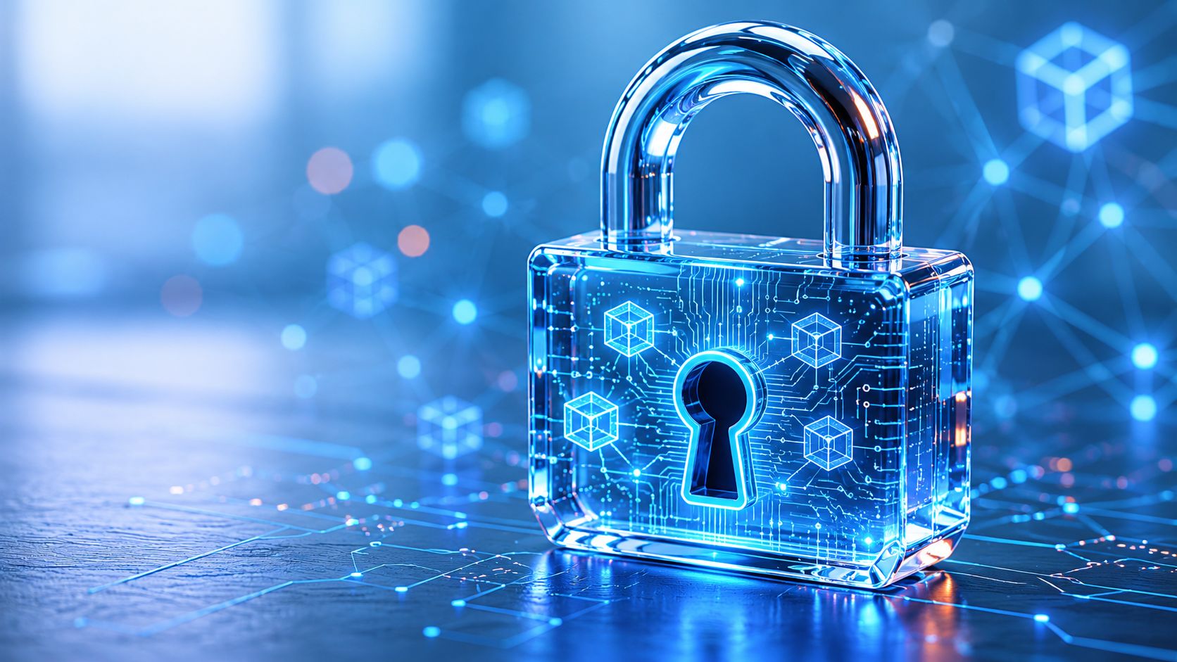 A digital padlock graphic representing cybersecurity, blockchain technology, and secure data protection in a technological environment.