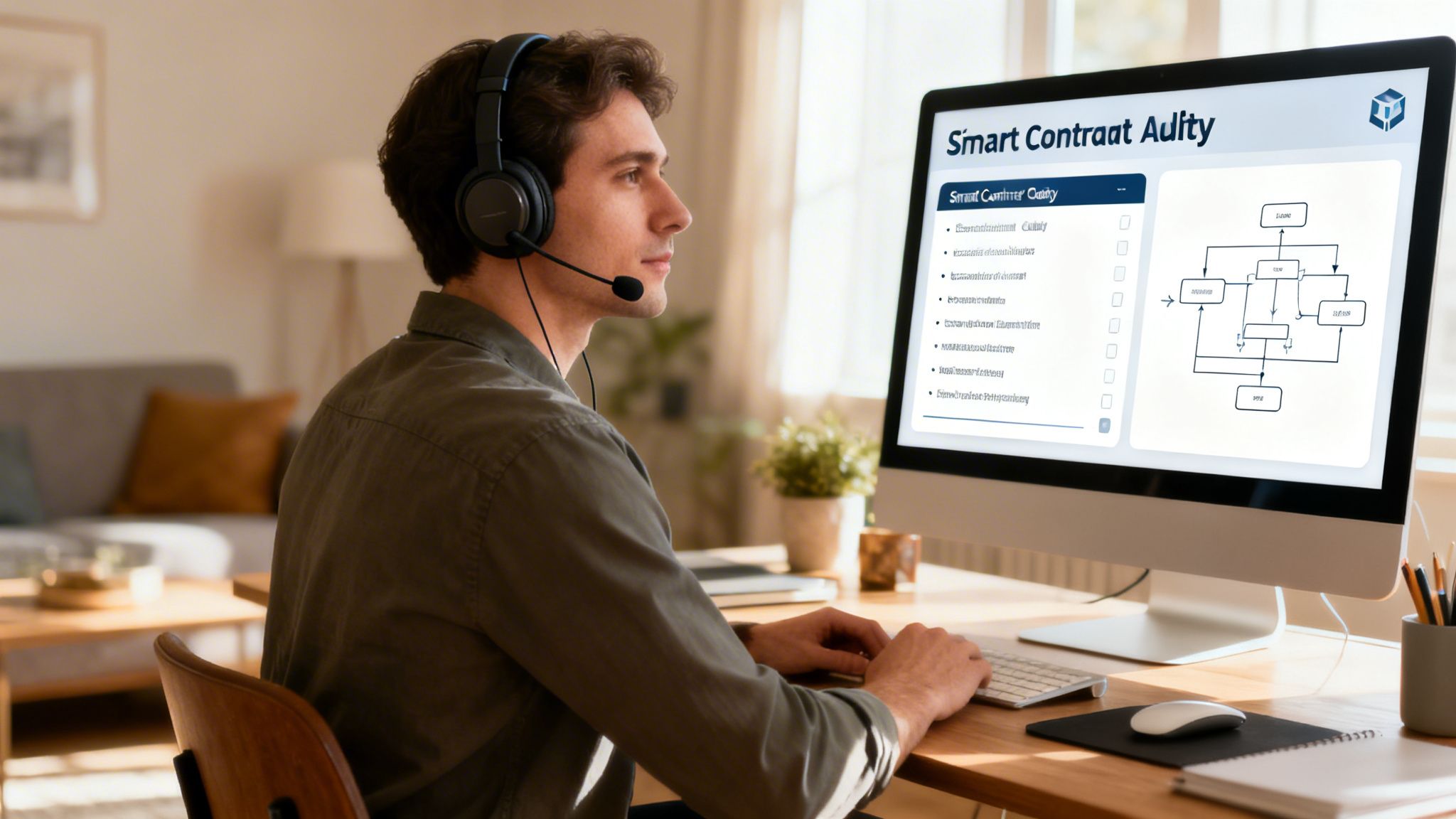 A man wearing a headset intently works on a computer displaying a smart contract quality interface.