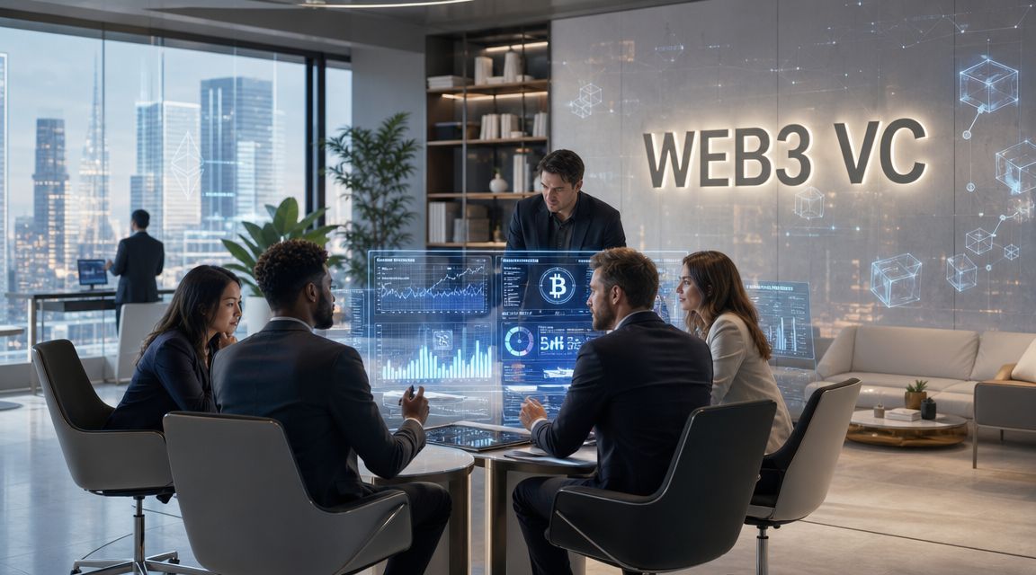A professional team of venture capitalists working together in a modern office with digital holographic data displays.