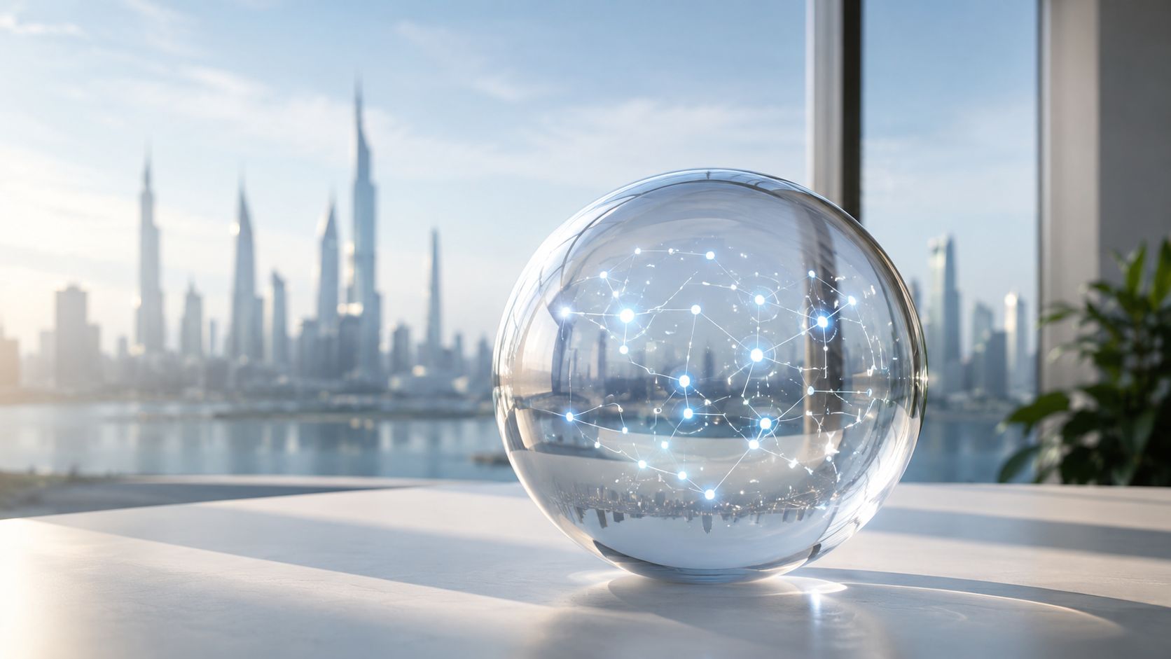 A clear glass sphere with glowing interconnected nodes sits on a desk overlooking a modern city skyline.