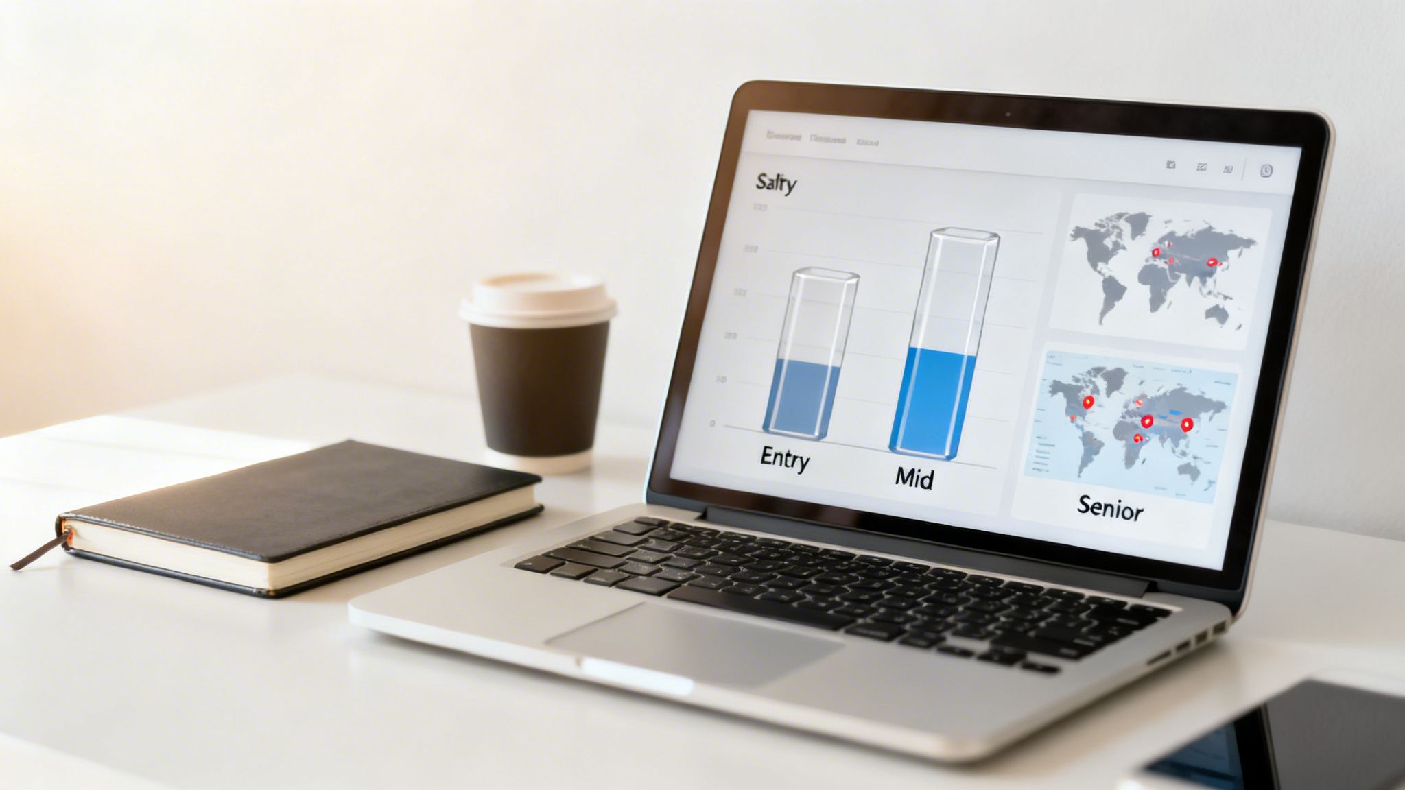 Laptop displaying salary data charts and world maps, with a coffee cup and notebook on a white desk.