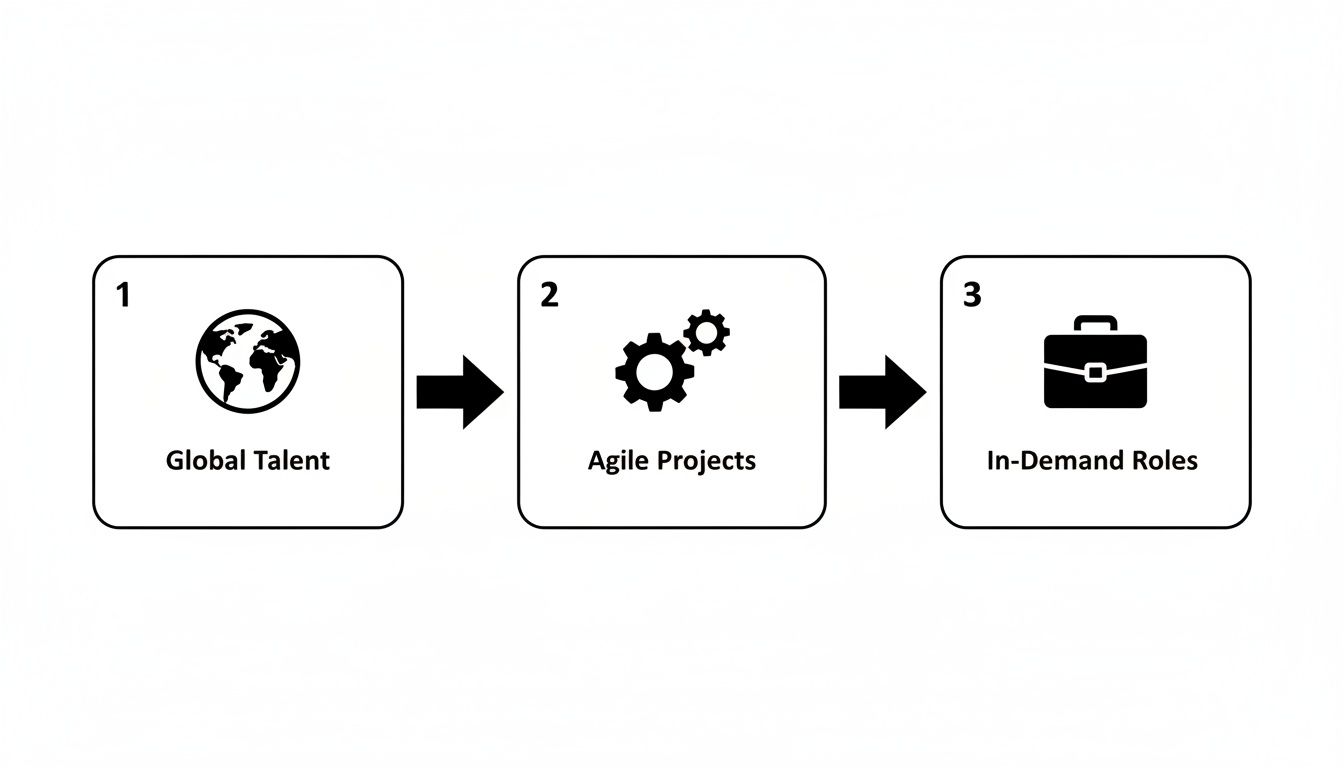 Numbered steps show global talent leading to agile projects and in-demand roles.