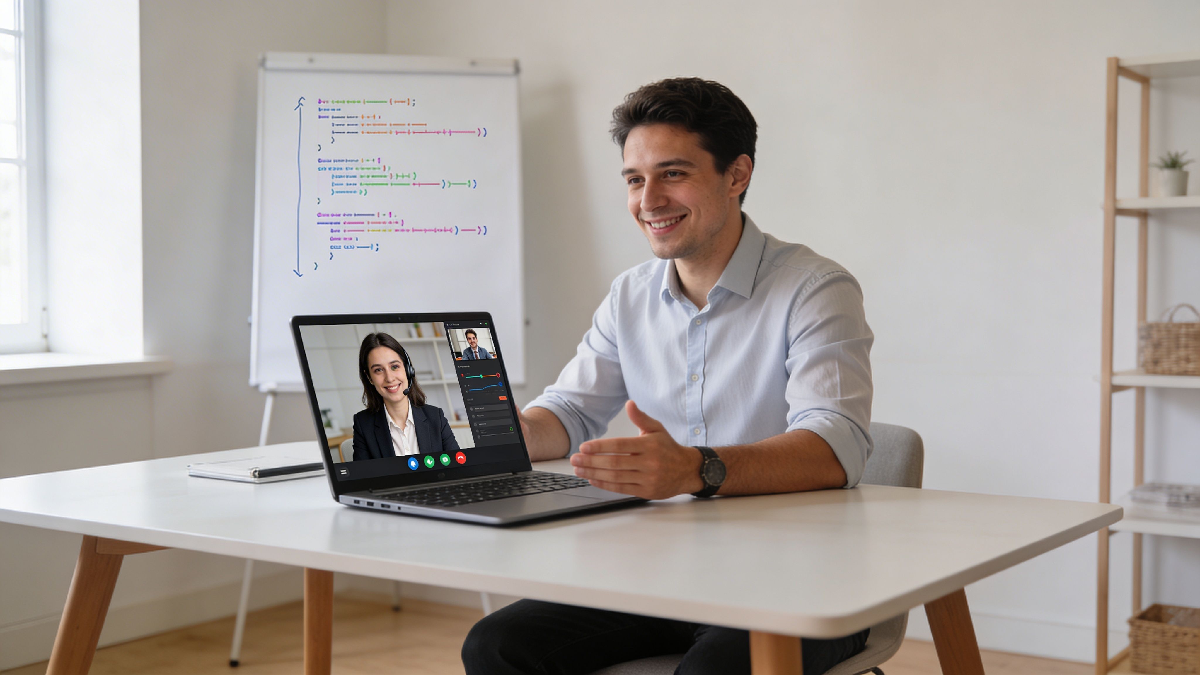 A happy male software developer participating in a remote video conference meeting while working in an office.