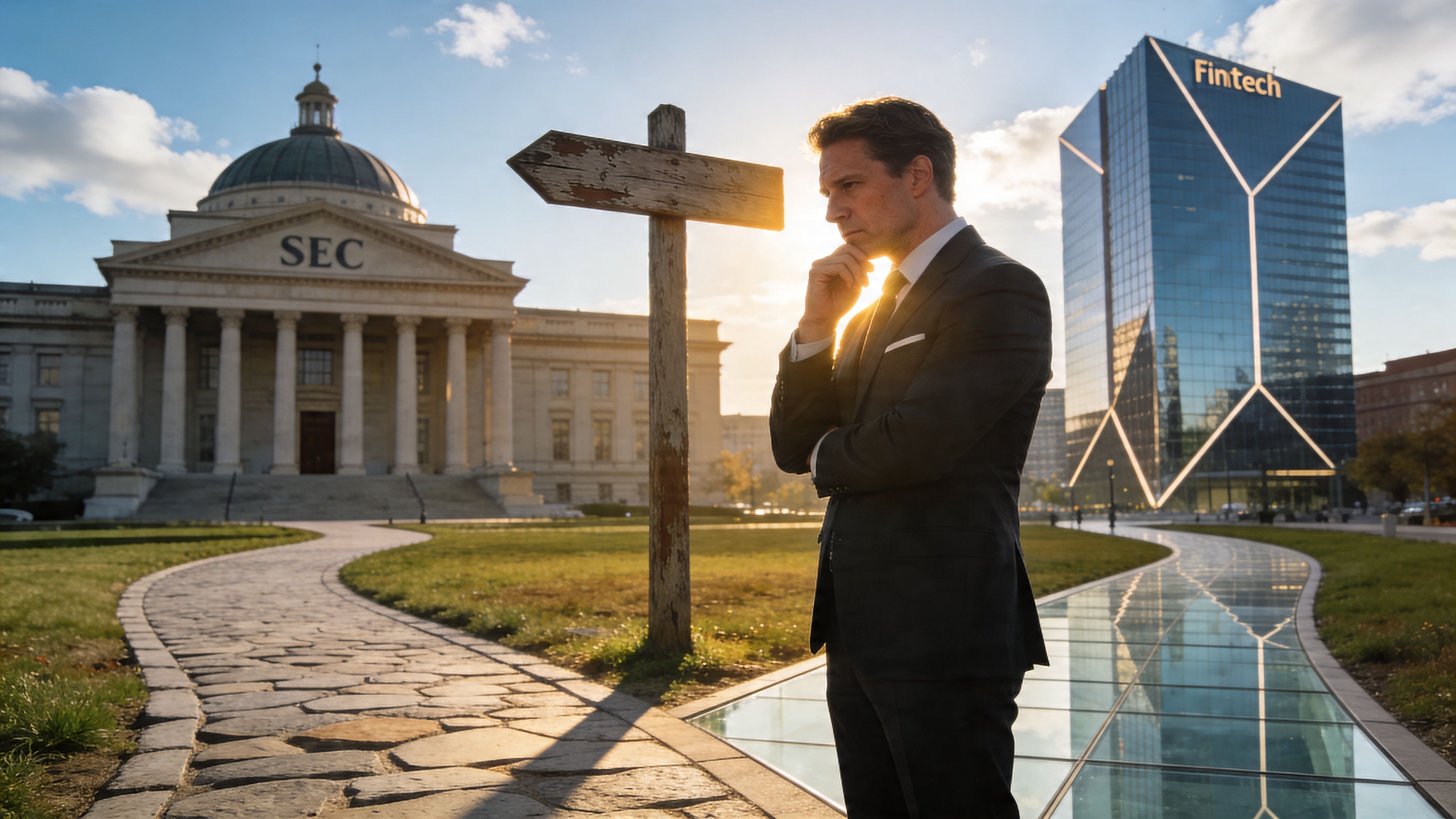 A professional man in a suit stands between a classic SEC building and a modern Fintech skyscraper.