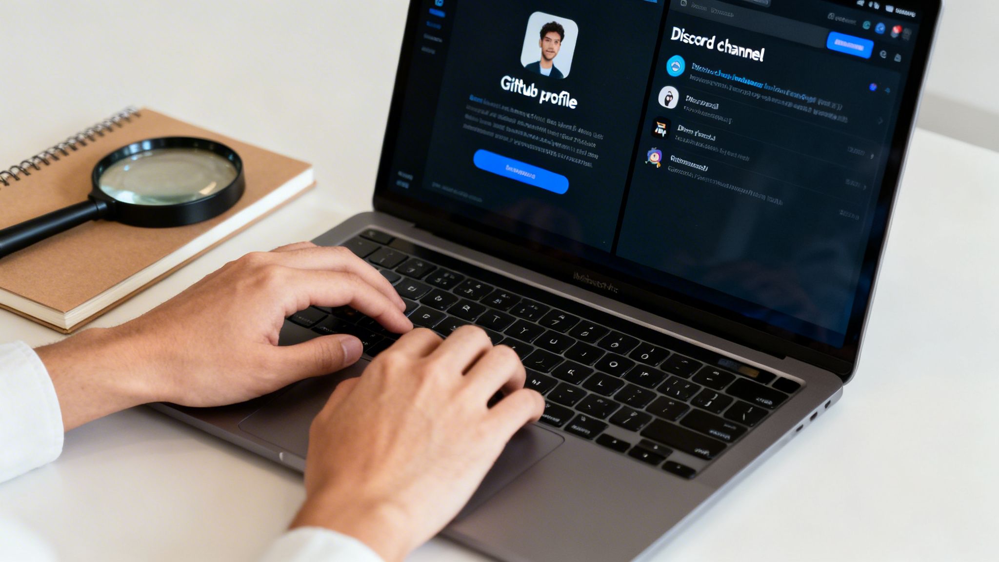 Person typing on a laptop displaying a GitHub profile and Discord channel, with a magnifying glass and notebook on the side.