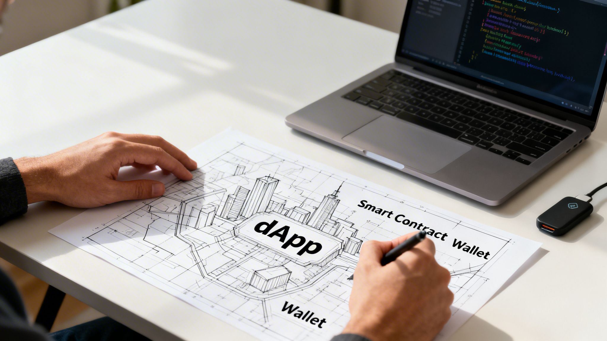 A person drawing a blueprint for a dApp, smart contract, and wallet, with a laptop showing code.
