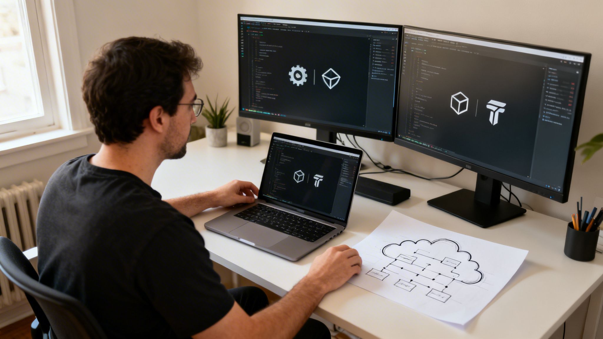 Male developer coding on three screens, with one showing system architecture diagram on desk.
