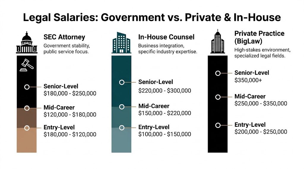 A comparison chart showing salary ranges for SEC attorneys, in-house counsel, and private practice BigLaw attorneys.