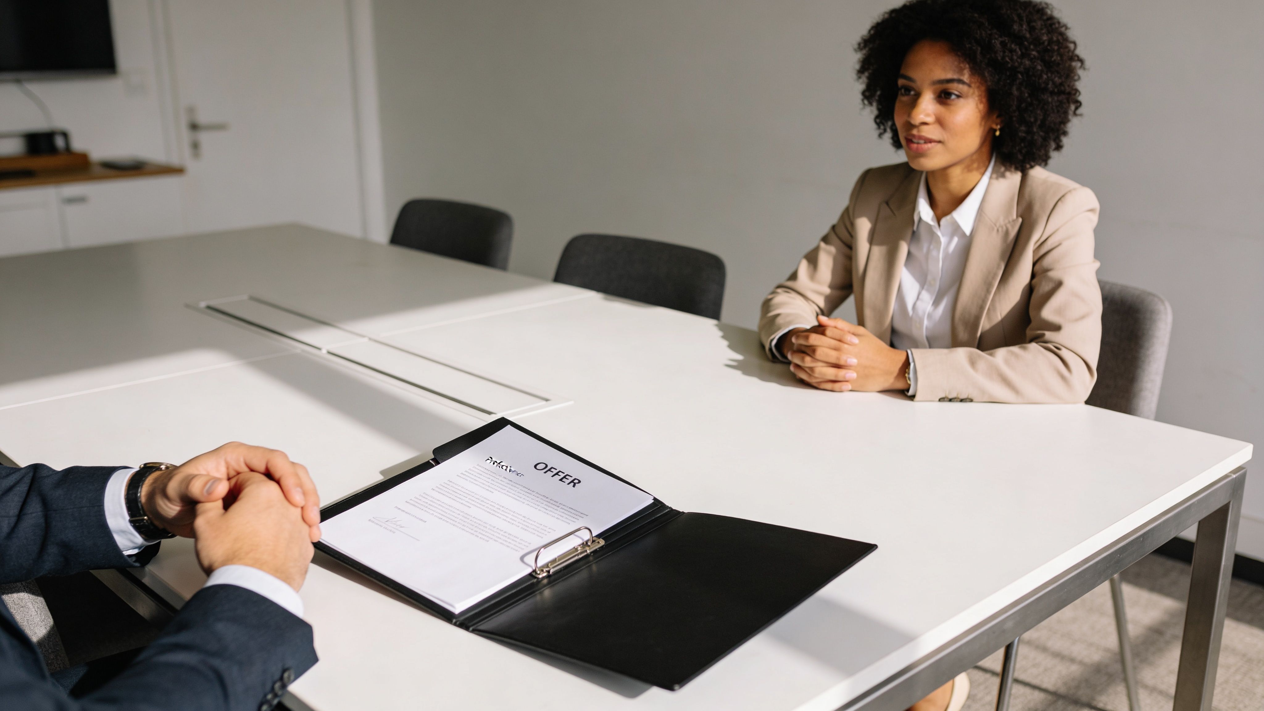 A job candidate sitting at a conference table for an interview while looking at an offer letter