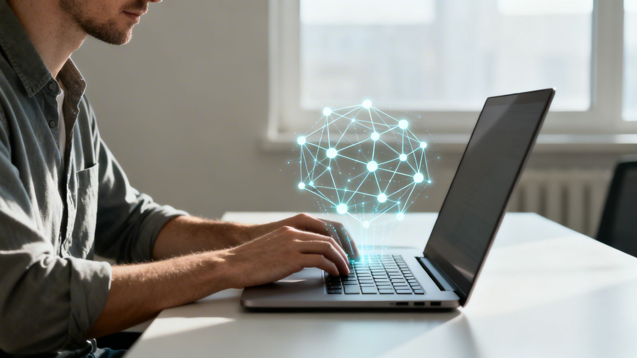 Man working on a laptop, a glowing digital network emerging, illustrating remote work and technology.