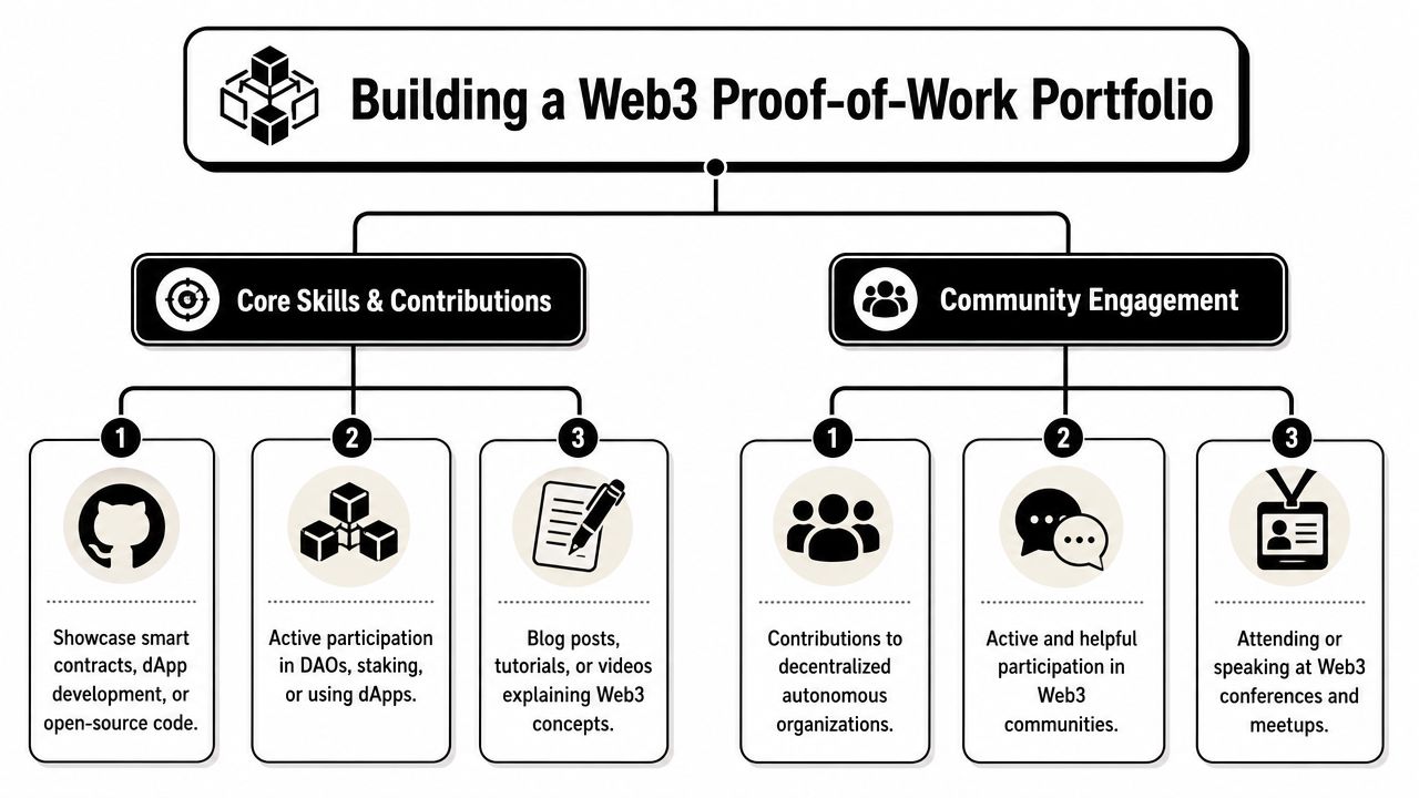 An infographic outlining steps for building a Web3 proof-of-work portfolio through core skills and community engagement.