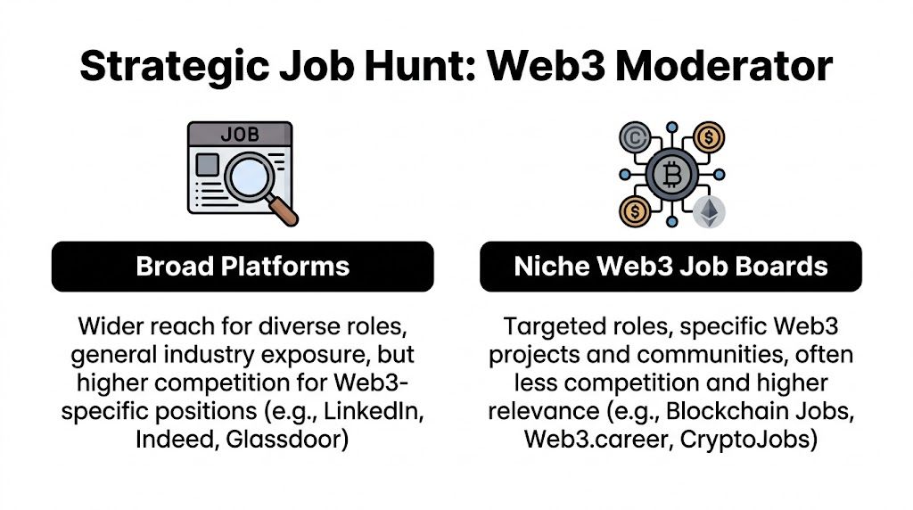 A strategic guide infographic comparing broad job platforms with niche Web3 job boards for community moderator roles.