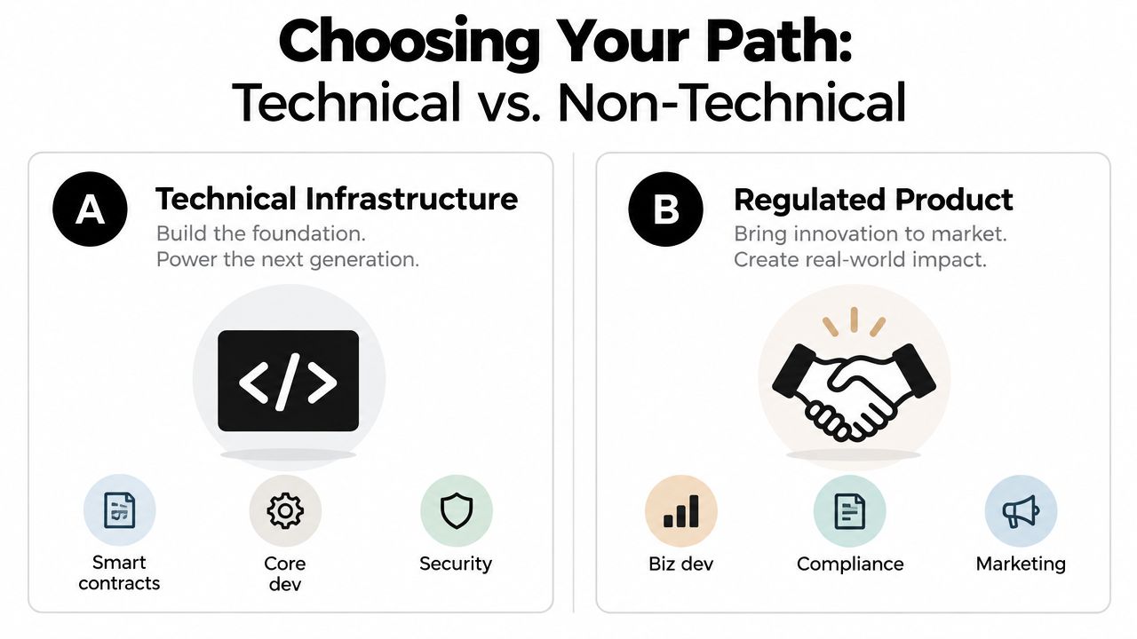 A diagram comparing technical and non-technical career paths in the blockchain industry with sub-specialties listed below.
