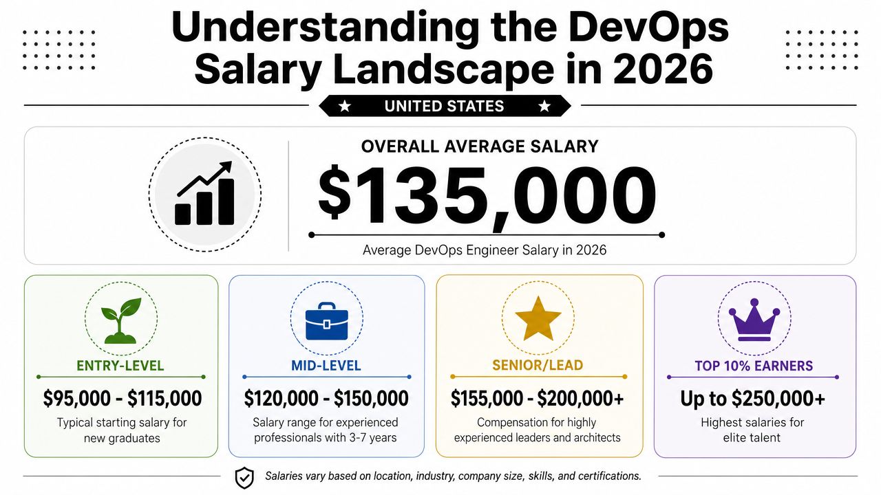 An infographic showing the 2026 United States DevOps engineer salary ranges by experience level and performance.