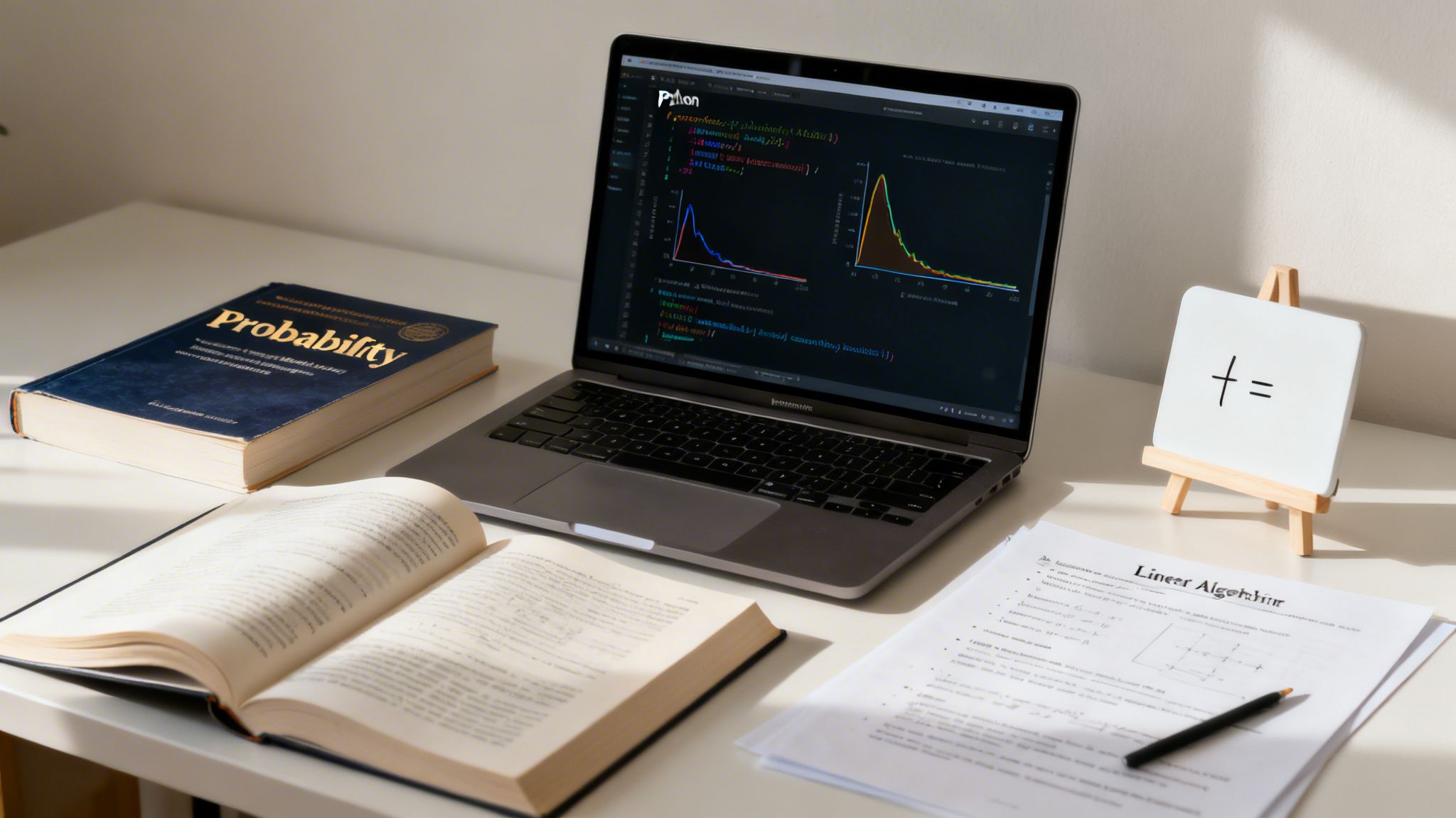 A desk with a laptop displaying code and graphs, 'Probability' book, and 'Linear Algebra' notes, depicting a study setup.