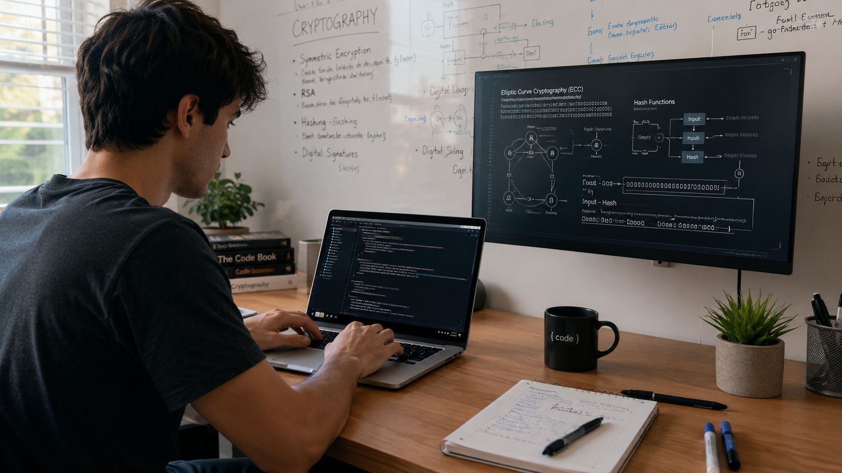 A young programmer working on cryptography projects at a desk with a laptop and monitor.