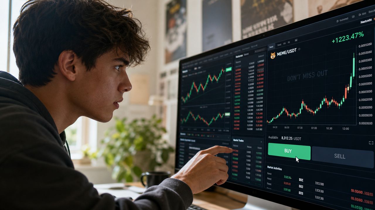 A young man intensely focused while pointing at a cryptocurrency trading platform on a large computer monitor.