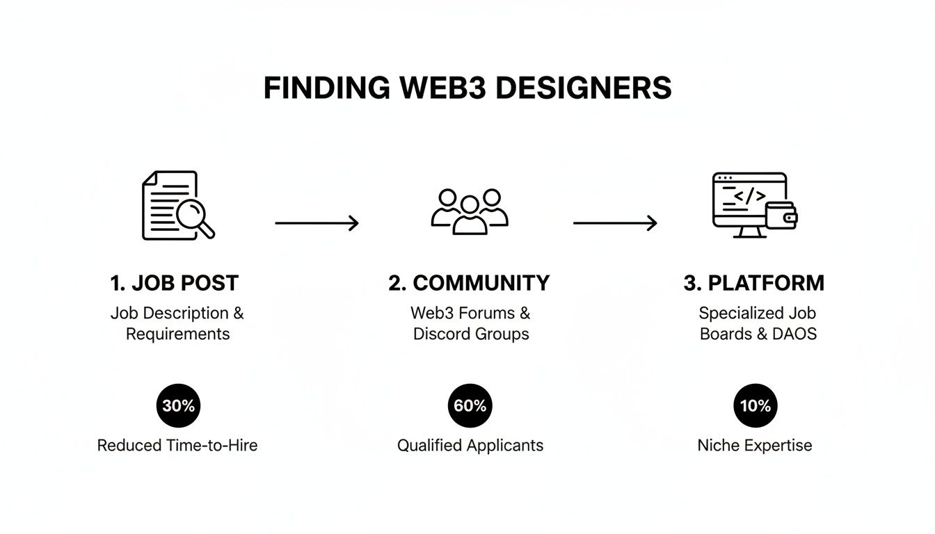 Diagram showing a three-step process for finding Web3 designers: Job Post, Community, and Platform.