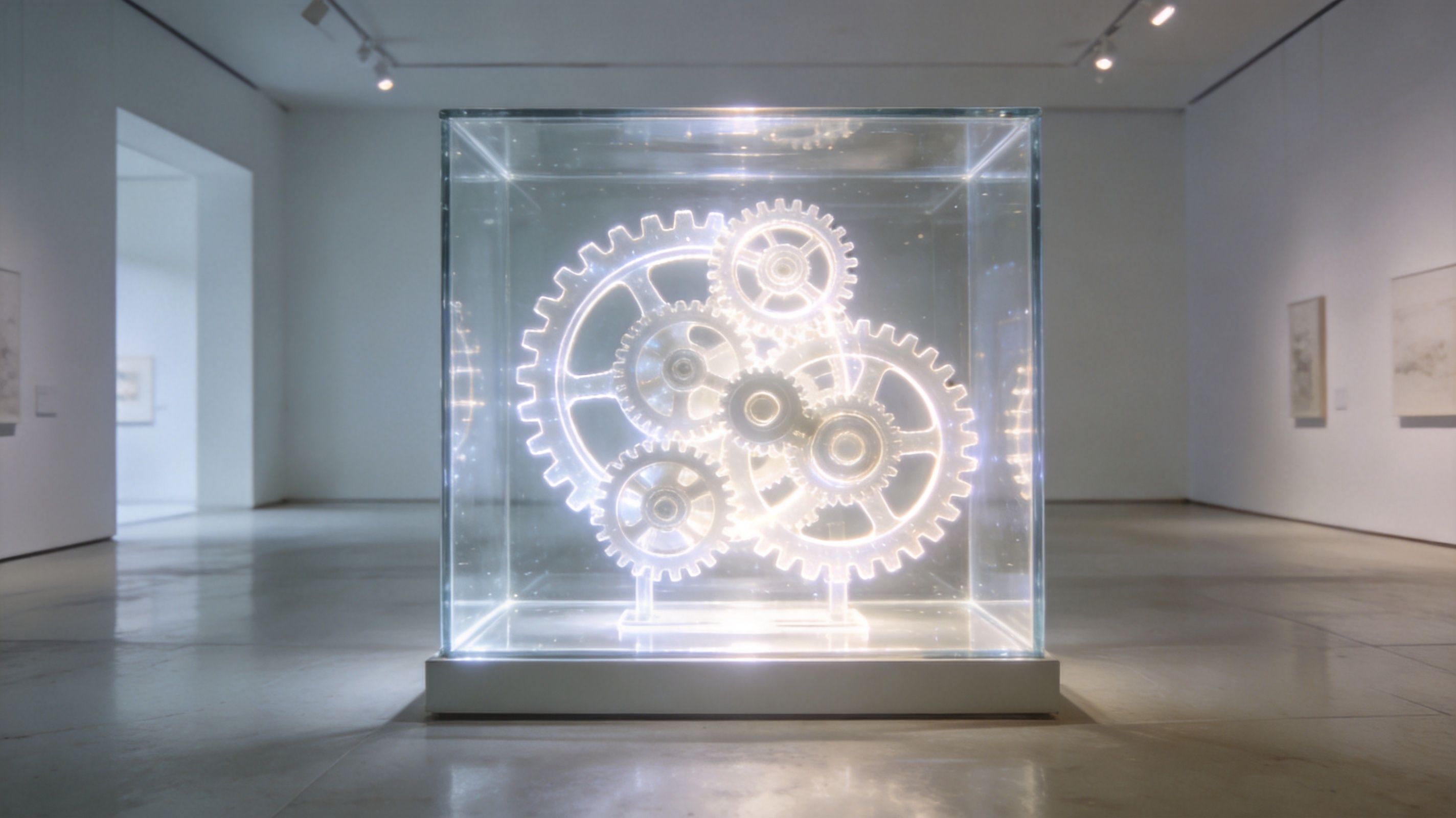 An illuminated gear sculpture enclosed in a transparent glass cube displayed within a modern art museum gallery.