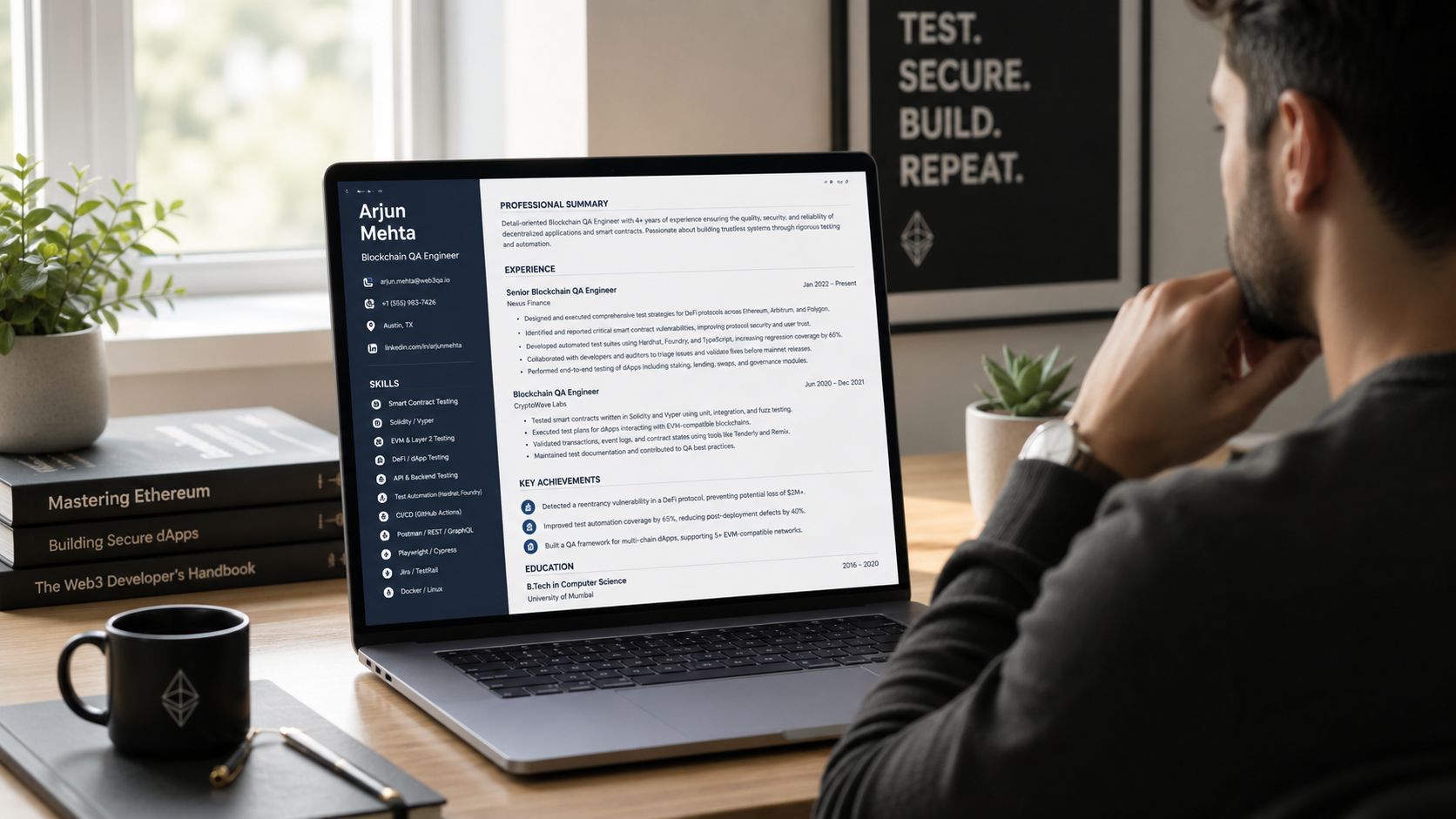 A professional developer sitting at a desk reviewing a blockchain QA engineer resume on a laptop.