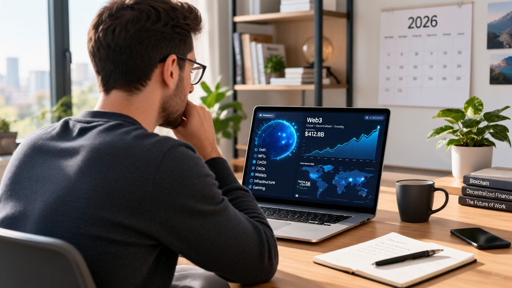 A professional working remotely on a laptop analyzing Web3 data and financial market trends in an office.