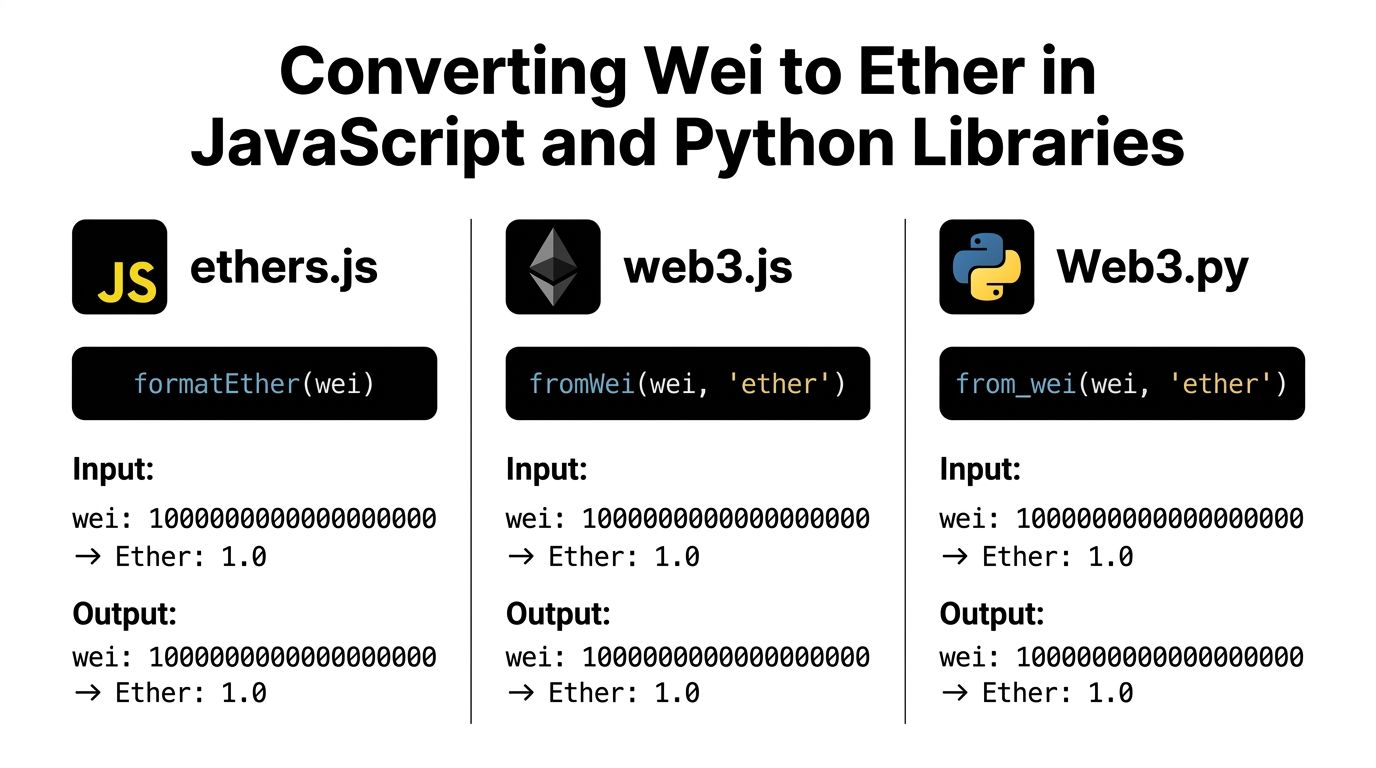 A comparison chart showing how to convert Wei to Ether using ethers.js, web3.js, and Web3.py libraries.