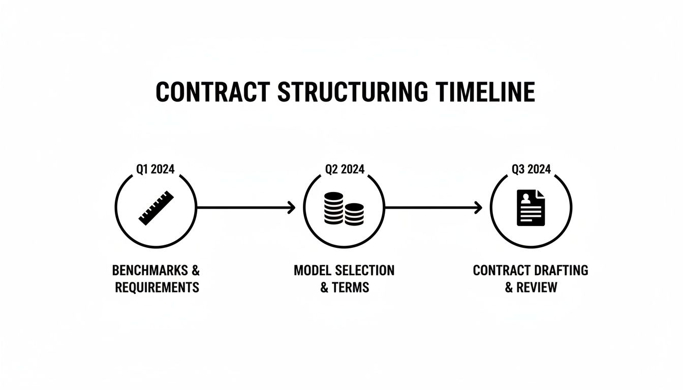 Timeline illustrating contract structuring phases for 2024: benchmarks, model selection, and drafting.