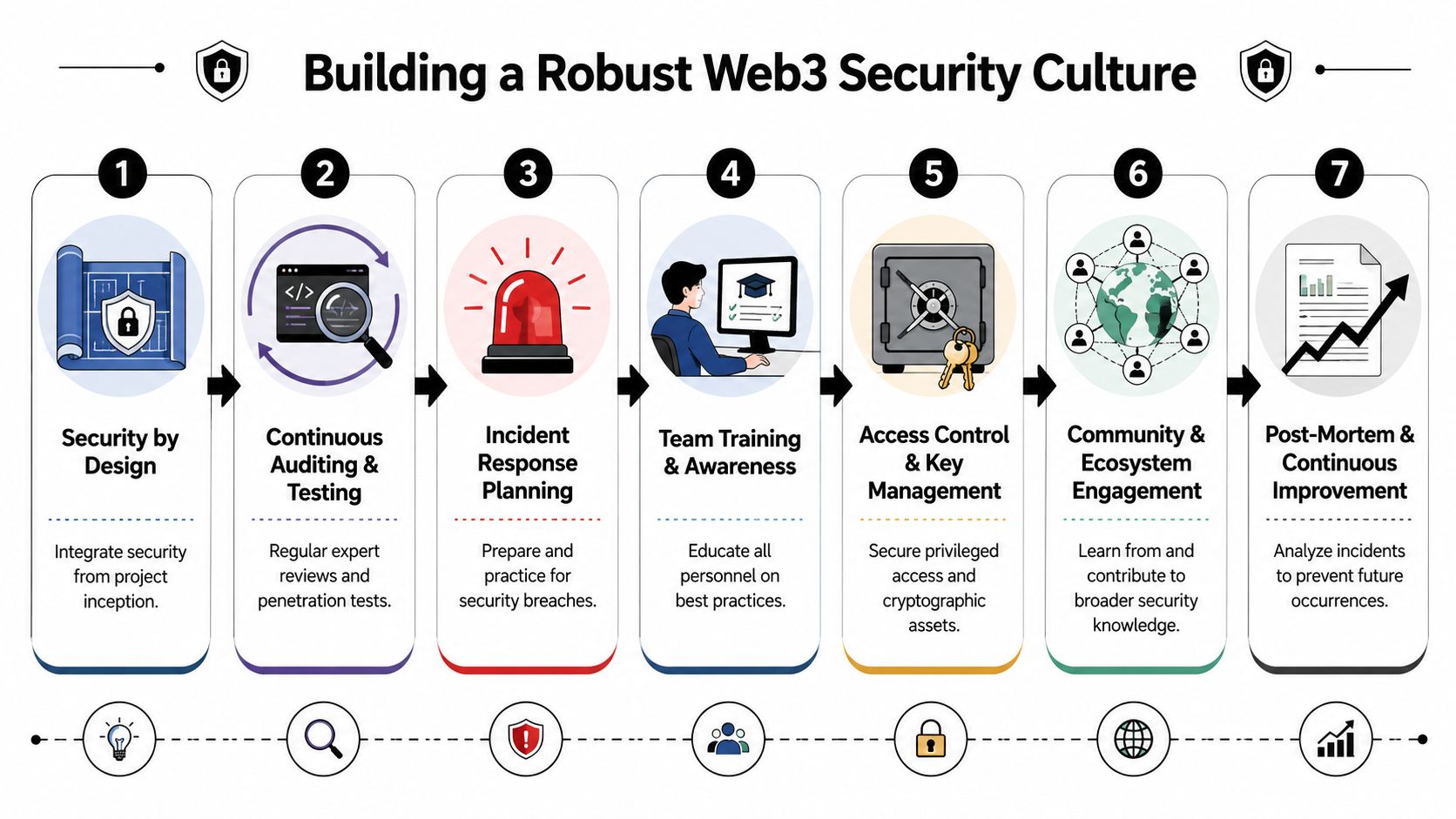 A seven-step infographic showing best practices for building a robust security culture in Web3 environments.