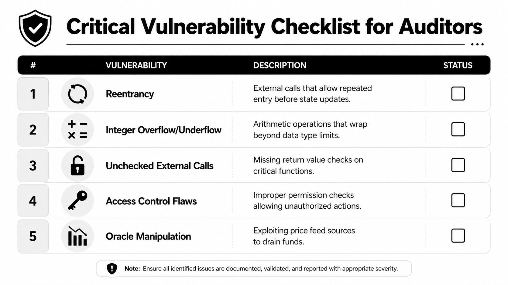 A critical vulnerability checklist for blockchain auditors featuring five common security risks in a tabular format.