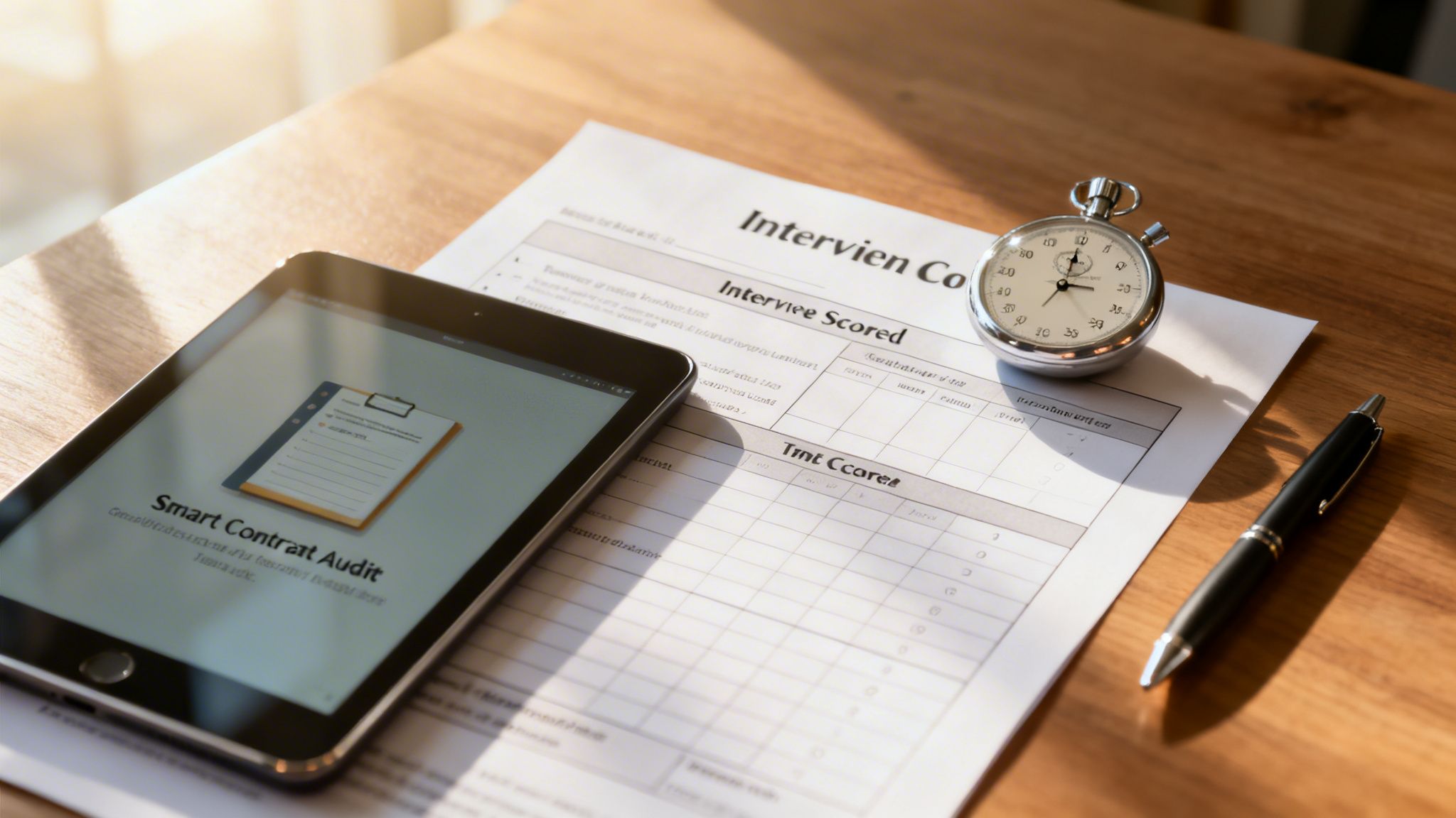 A tablet displaying 'Smart Contract Audit' beside an interview scoring sheet, a stopwatch, and a pen on a wooden desk.