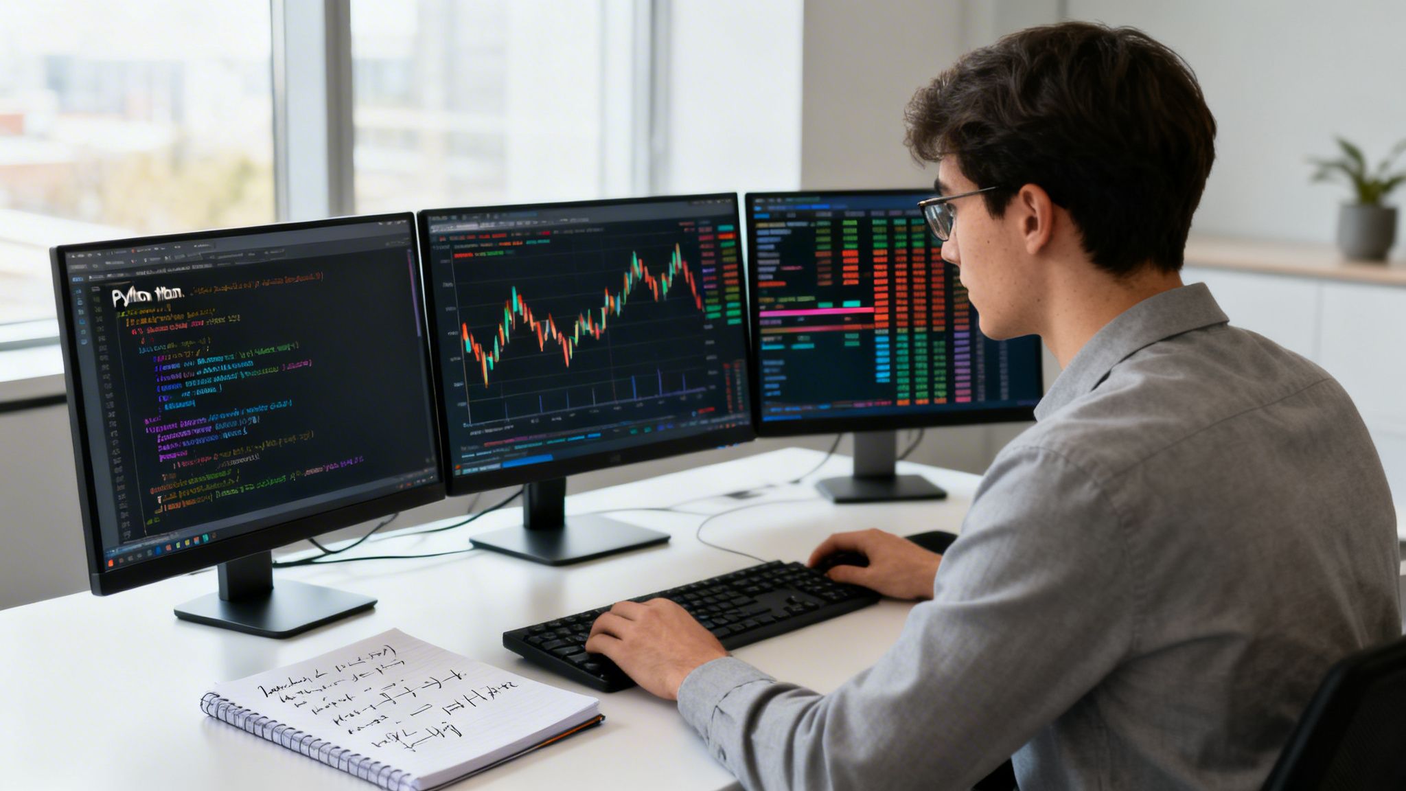 Man with glasses coding and analyzing stock market data on a triple monitor setup.