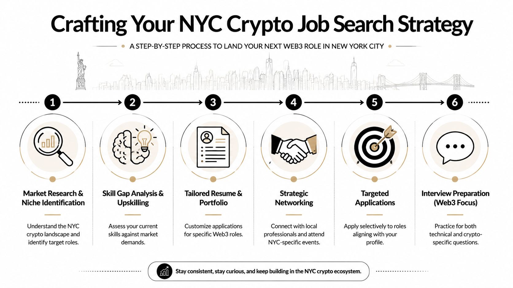 A six-step infographic guide for crafting a successful job search strategy in the NYC crypto ecosystem.