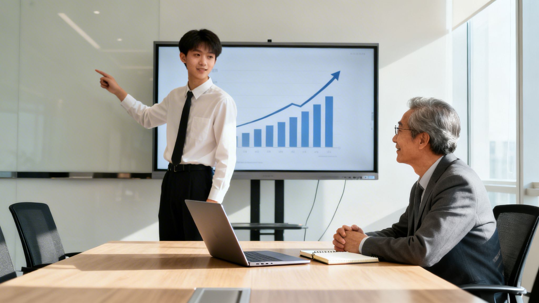 A young presenter explains a growth chart to an older colleague in a modern meeting room.