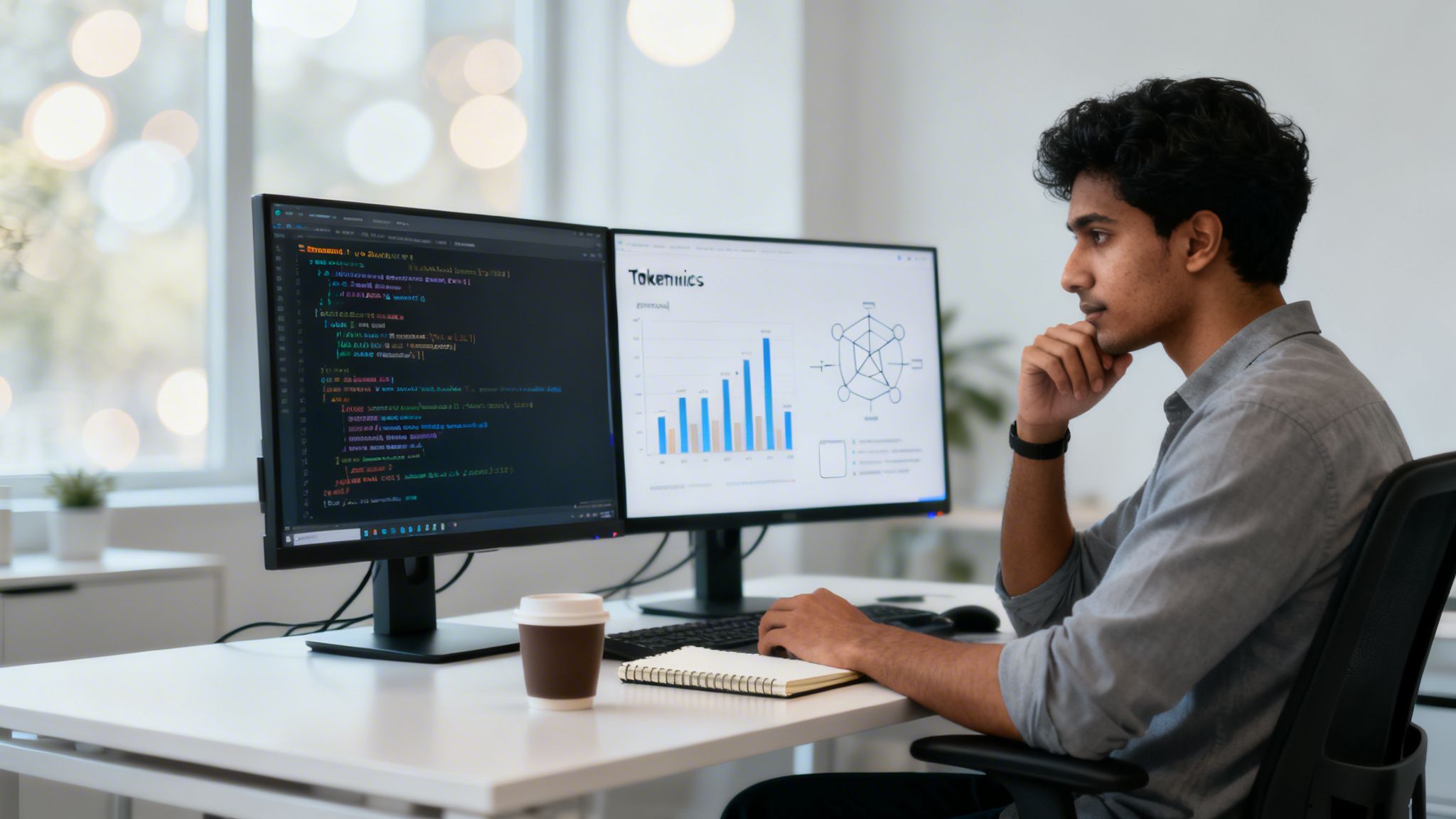 A focused young man coding and analyzing blockchain tokenomics data on dual monitors.