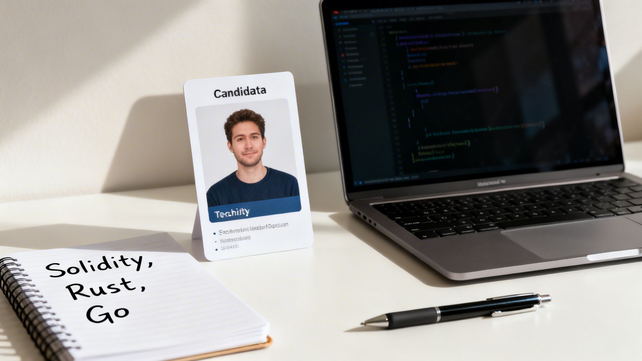 Desk scene with a candidate profile, laptop showing code, and notebook with Solidity, Rust, Go.