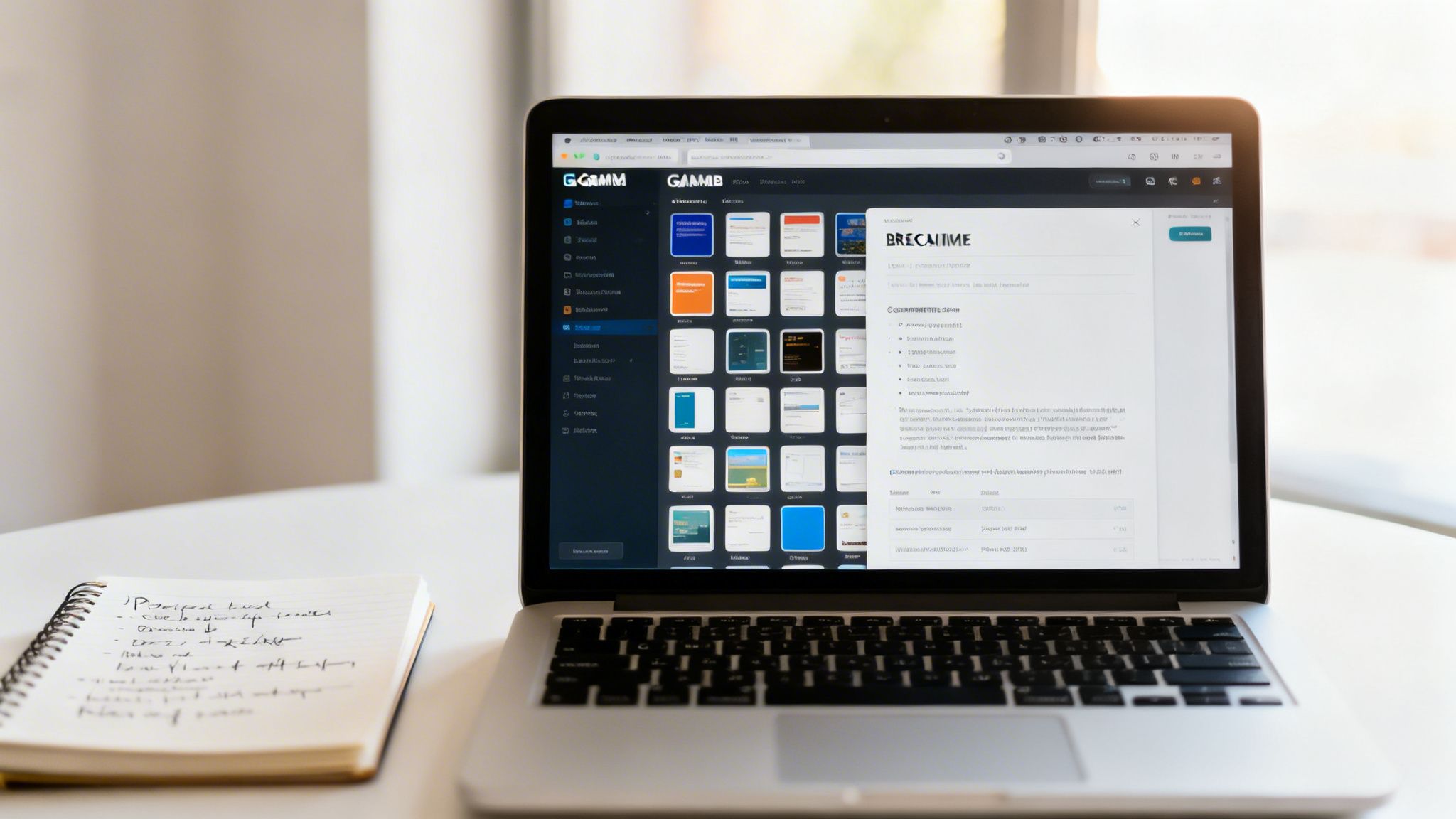 Modern laptop displaying a web application interface and a notebook with handwritten notes on a desk.