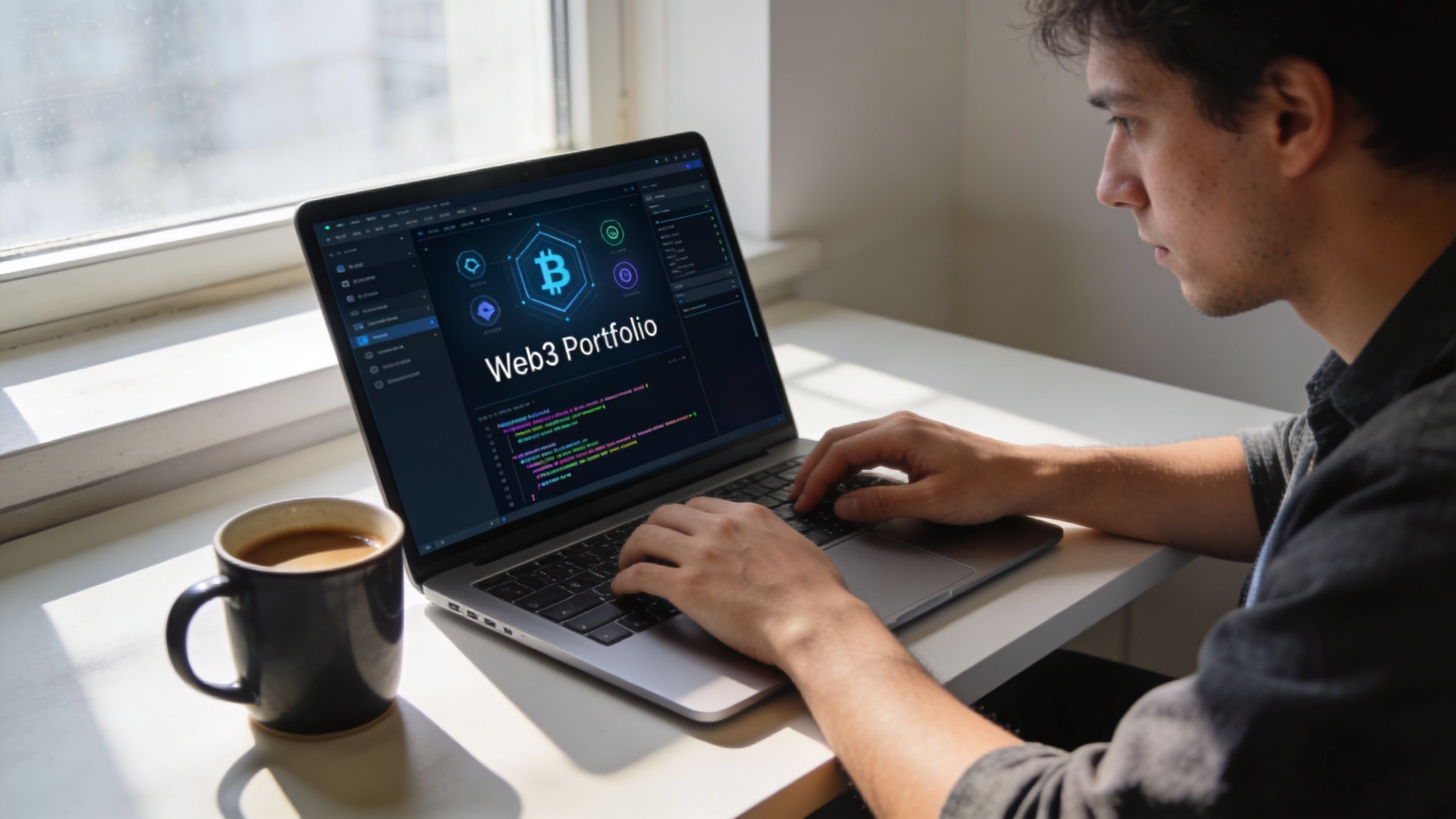 A young male front end developer working on a Web3 portfolio project on his laptop at home.