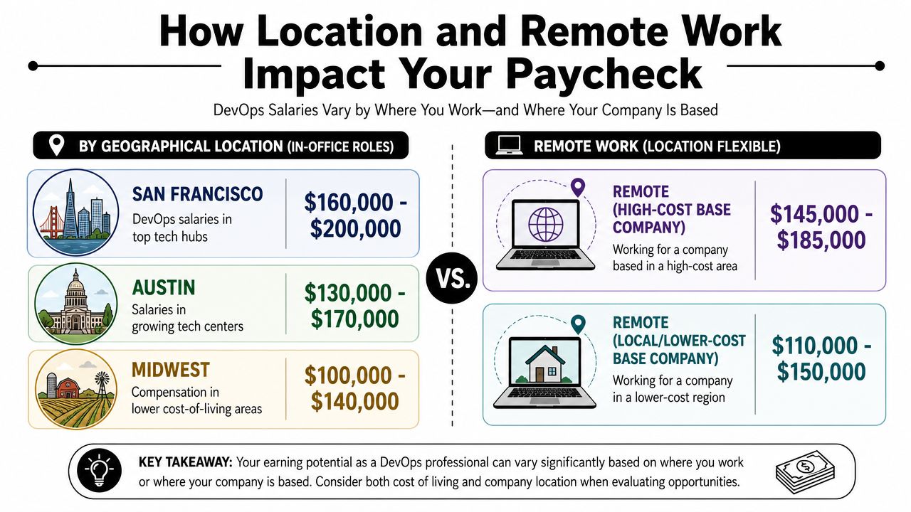 An infographic comparing DevOps salary ranges based on geographical office locations versus remote work arrangements.