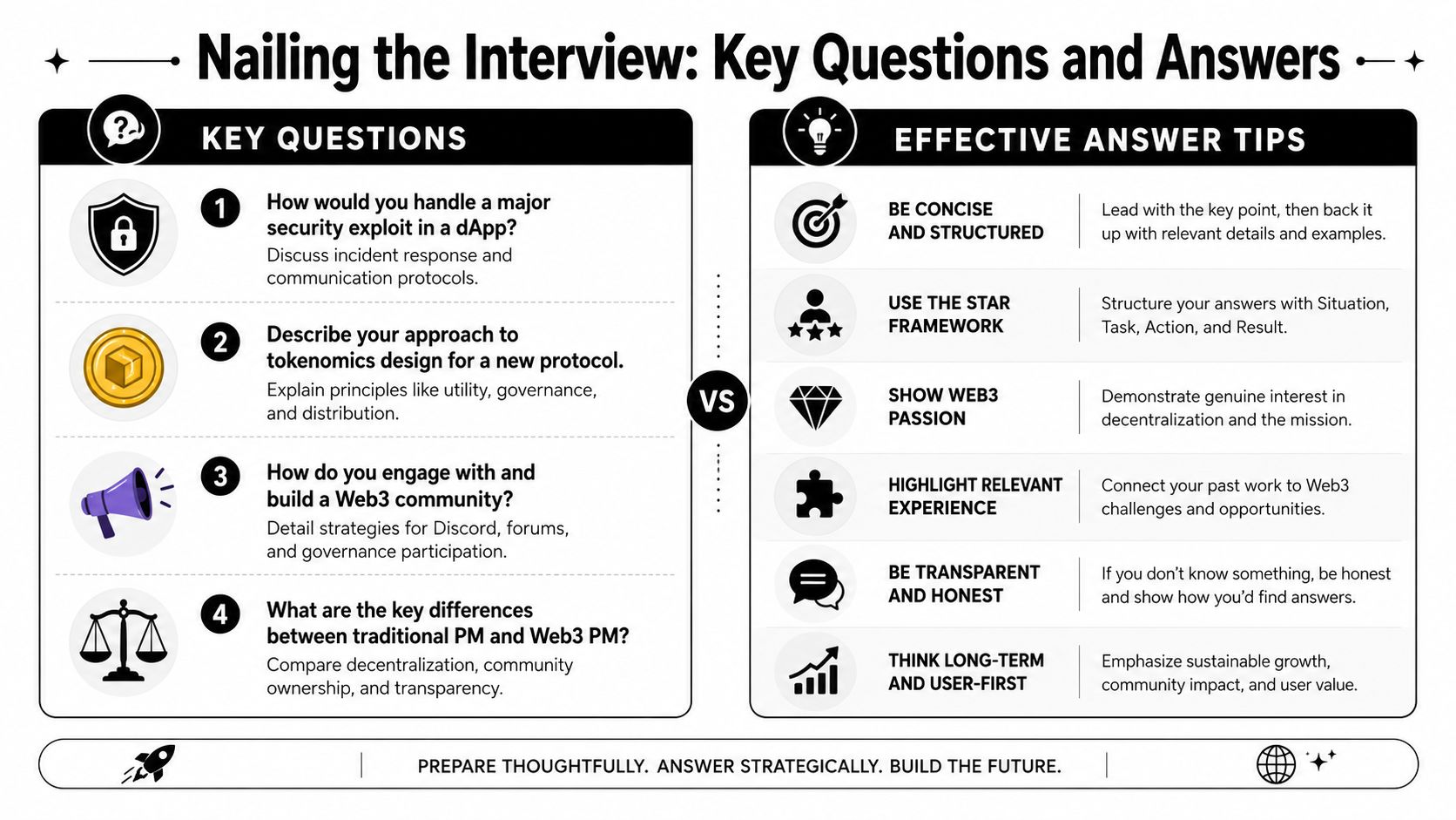 An infographic titled Nailing the Interview, listing four key Web3 interview questions and six professional answer tips.