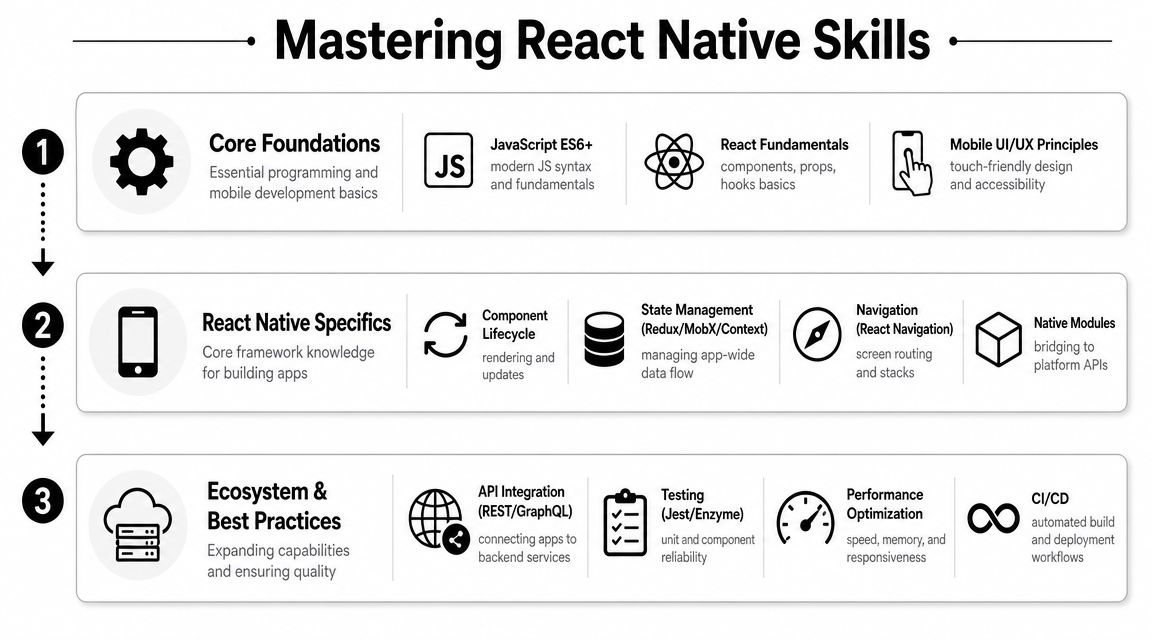 A structured roadmap illustrating the essential skills for mastering React Native development in three distinct levels.