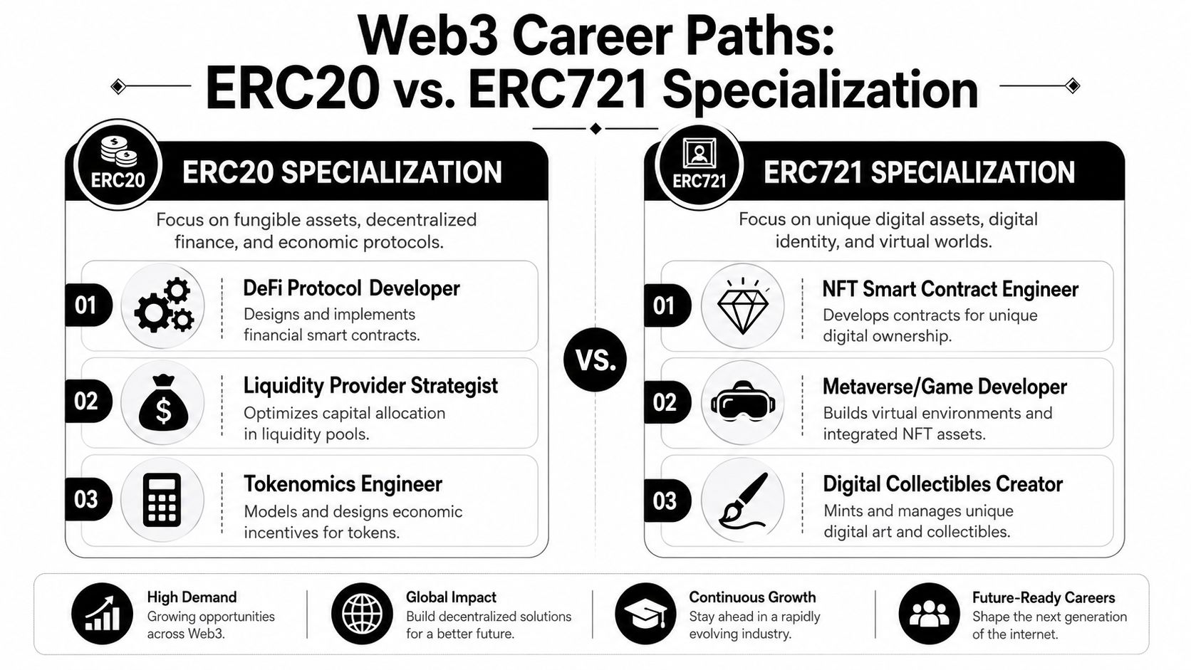 A comparison chart outlining different Web3 career paths between ERC20 fungible tokens and ERC721 non-fungible tokens.