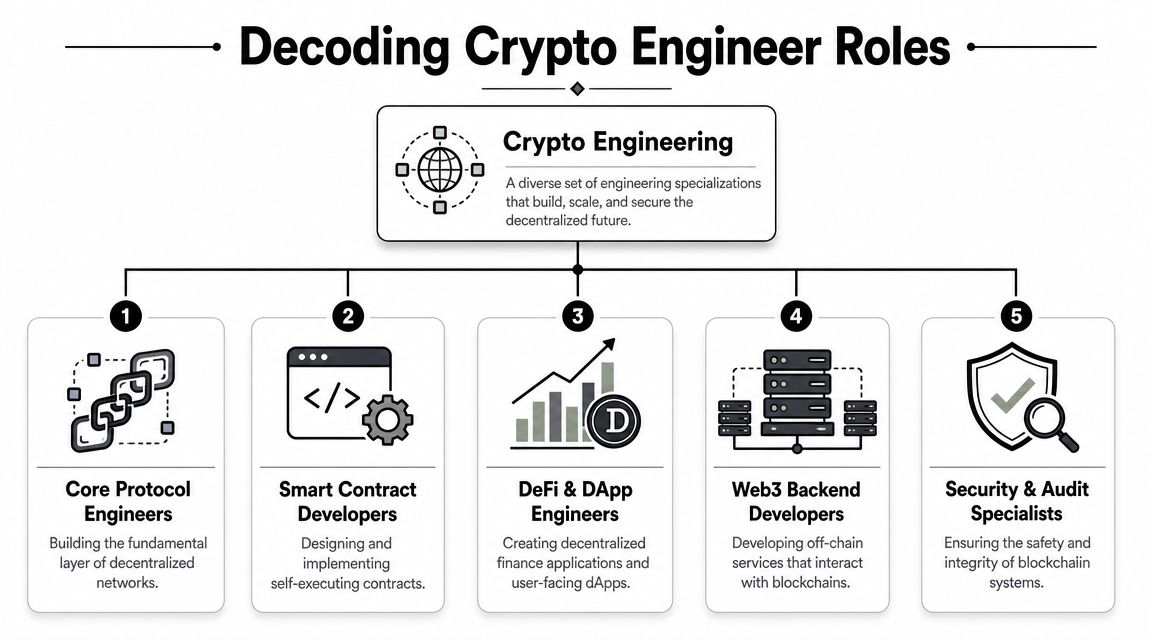 A diagram illustrating five essential roles within the crypto engineering field, including protocol developers and auditors.