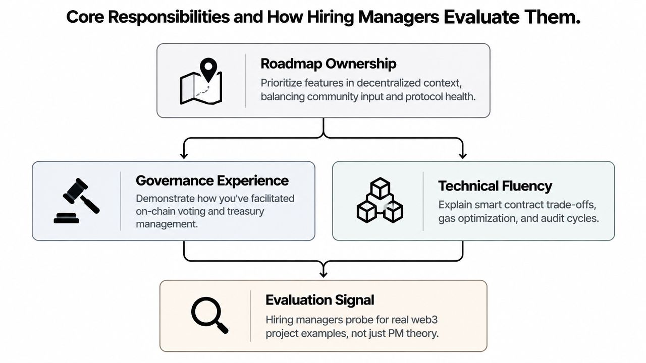 A diagram outlining core web3 product manager responsibilities and how hiring managers evaluate candidate expertise.