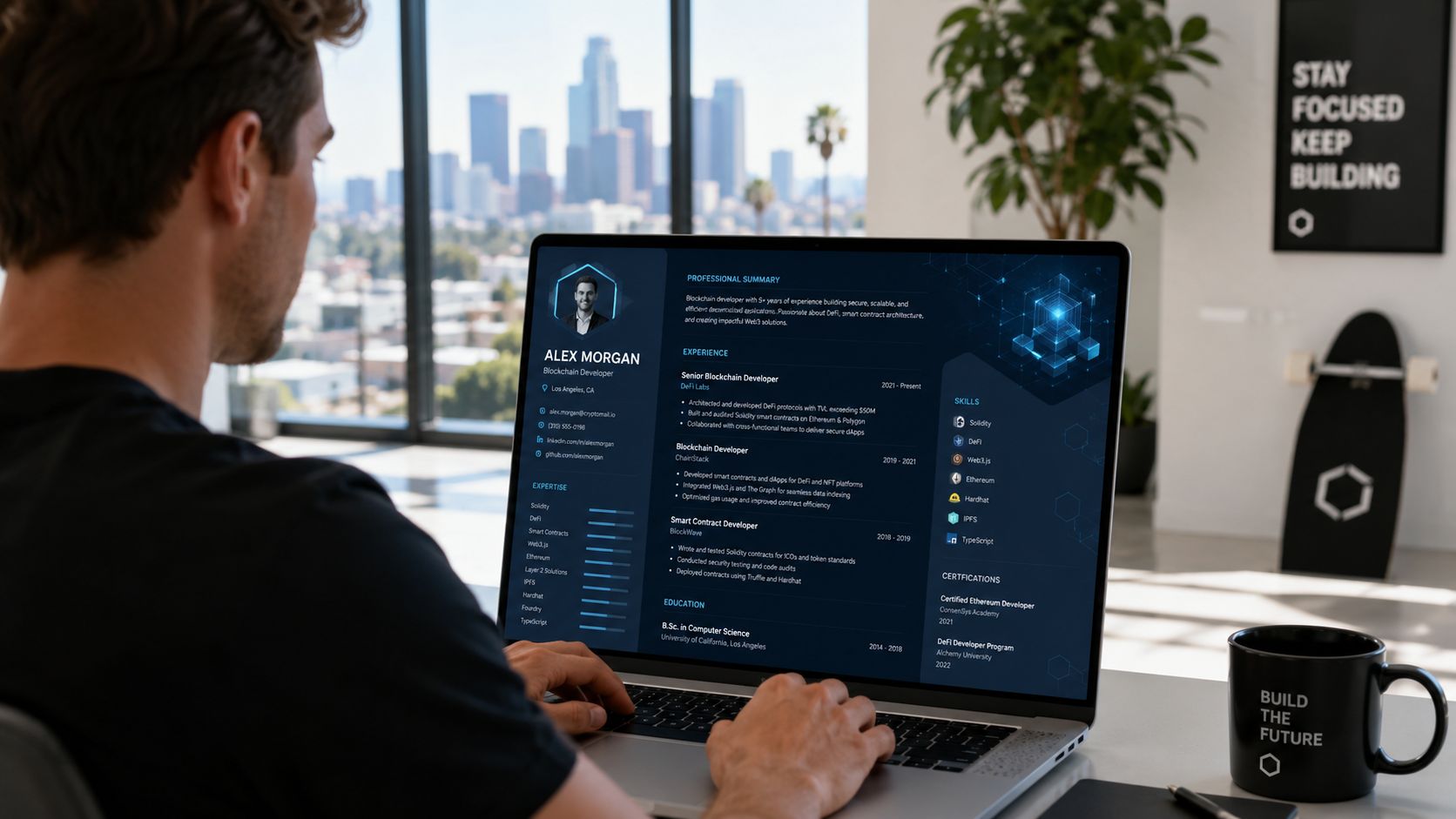 A blockchain developer working on a laptop showcasing his digital resume with a Los Angeles cityscape background.